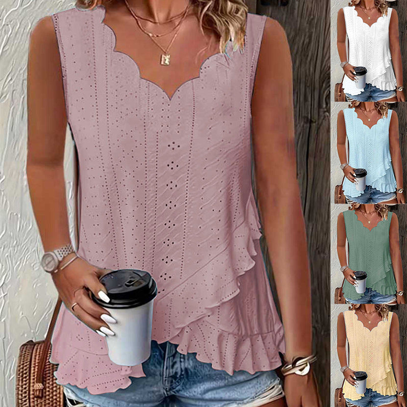 Casual Solid Color Figured Cloth Fanbei Edge V-neck