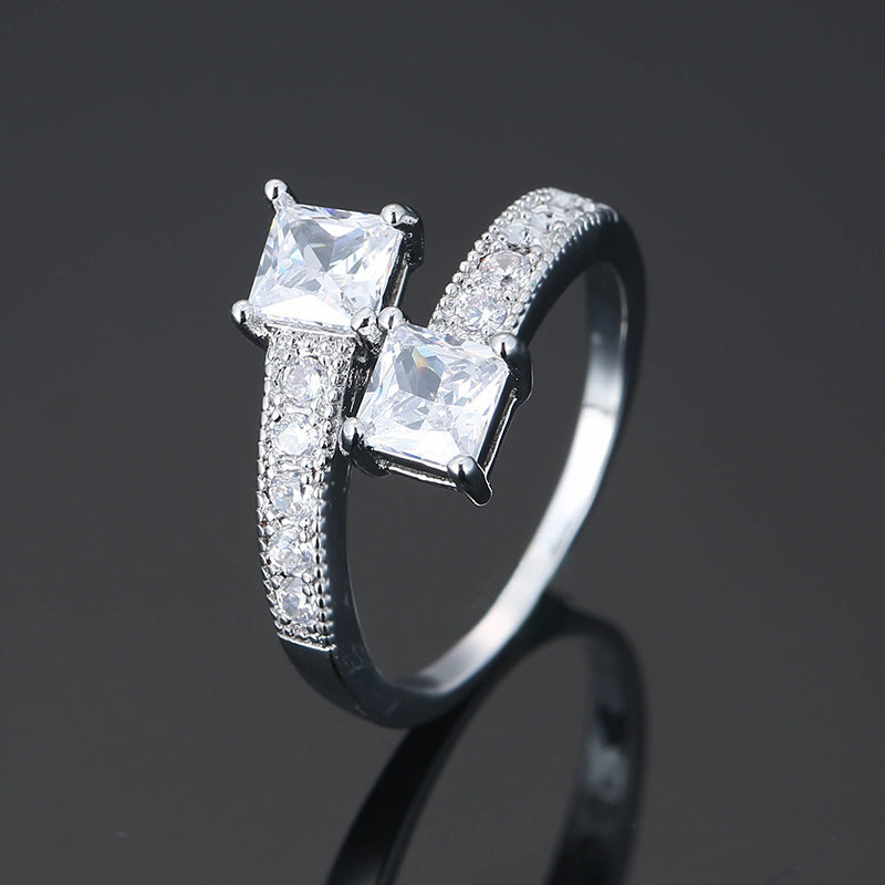 European And American Square Zircon With Diamond Cross Ring For Women