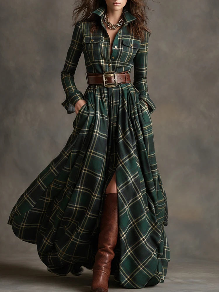 Ins Plaid Print Long-Sleeved Dress Fashion Pockets Collared Buttons Shirt Long Dresses Retro Women's Clothing