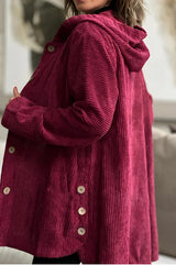 Women's Corduroy Hooded Jacket Fashion Warm Pockets Button Mid-length Top Casual Fall Winter Outwear Clothing