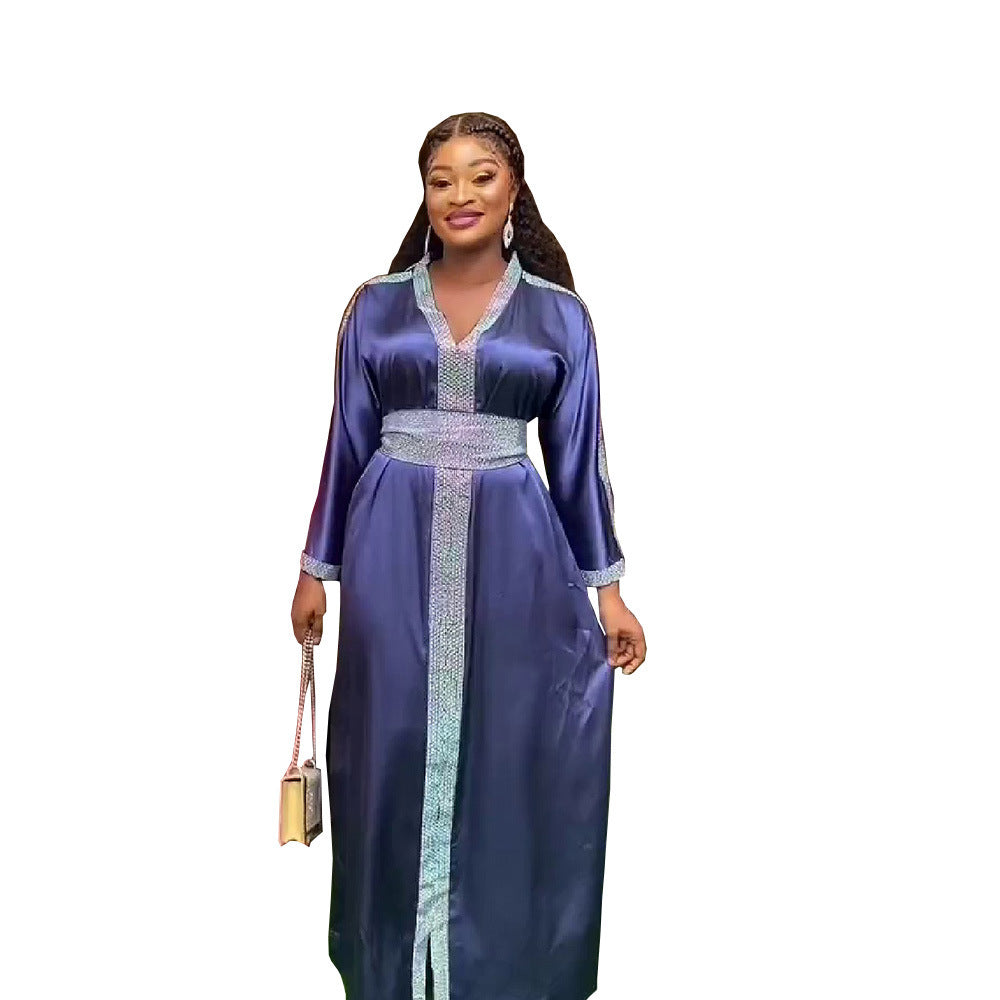 African Ethnic Style Women's Clothing Dress Rayon Hot Rhinestone V-neck With Belt