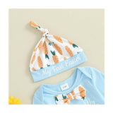 3pcs Set Baby Costume Set, Long Sleeved Letter Rabbit Print Jumpsuit, Carrot Print Suspender Pants, Hat Set