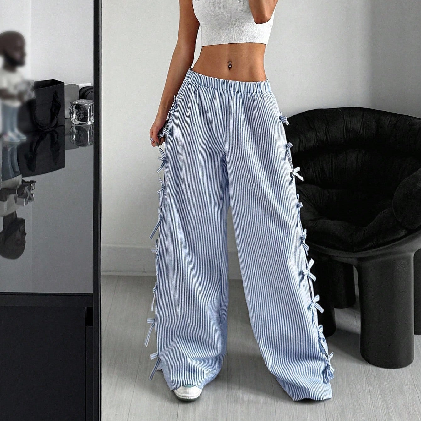 Waist Side Tie Bow Striped Wide Leg Pants