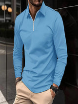 Zipper Men's Solid Color Long Sleeve Sports Polo Shirt
