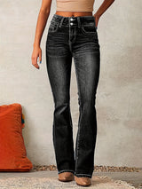 Skinny Flared Jeans With Pockets Fashion Button Zipper Trousers Women's Slim Denim Pants