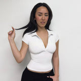 Solid Color Simple Single Row Button Slim Pullover Short Sleeve