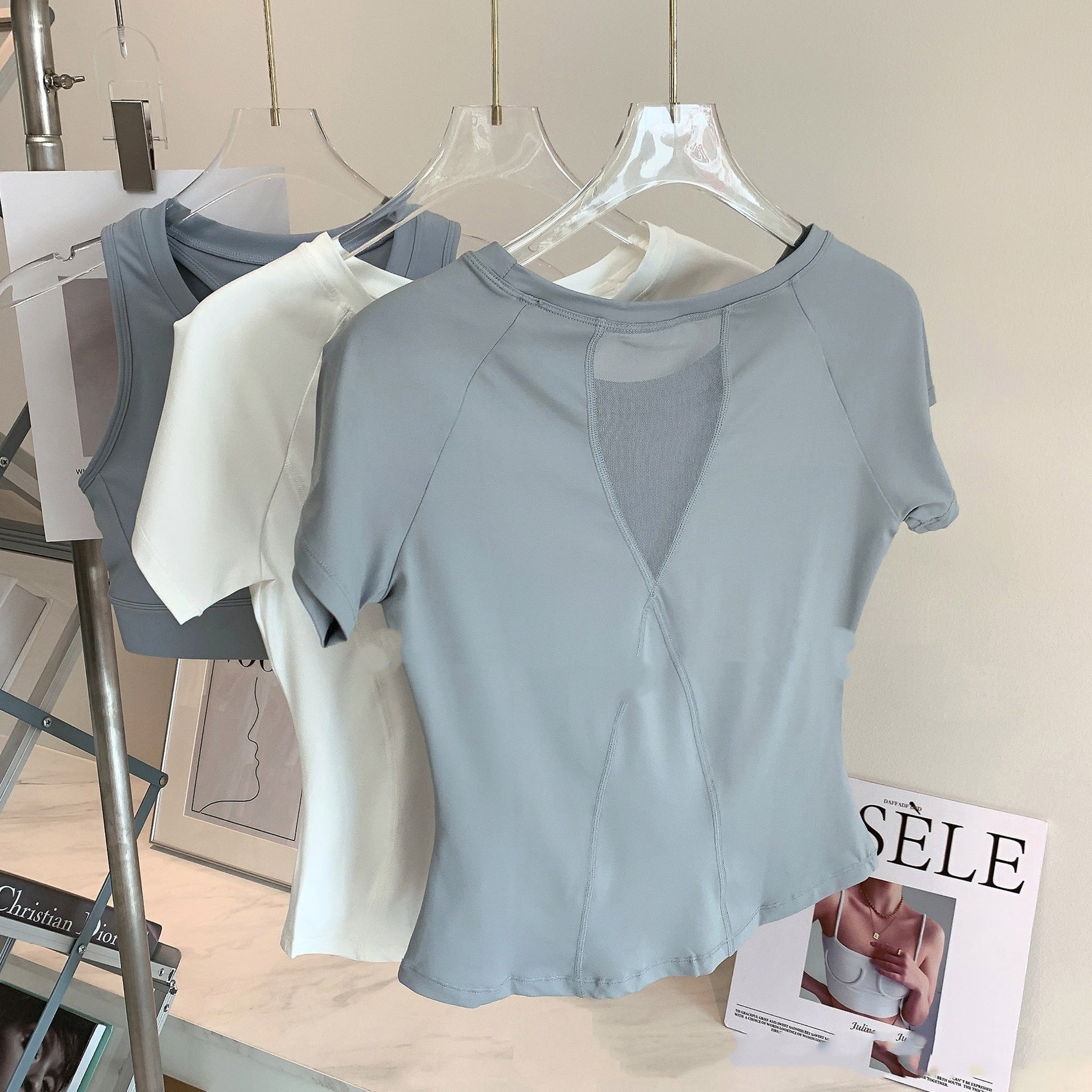 Nude Feel Mesh Stitching Yoga Short-sleeved Sports T-shirt