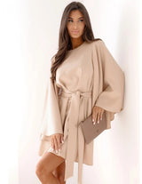 Autumn Fashion Solid Color Round-neck Flared Sleeves Lace-up Waist Dress