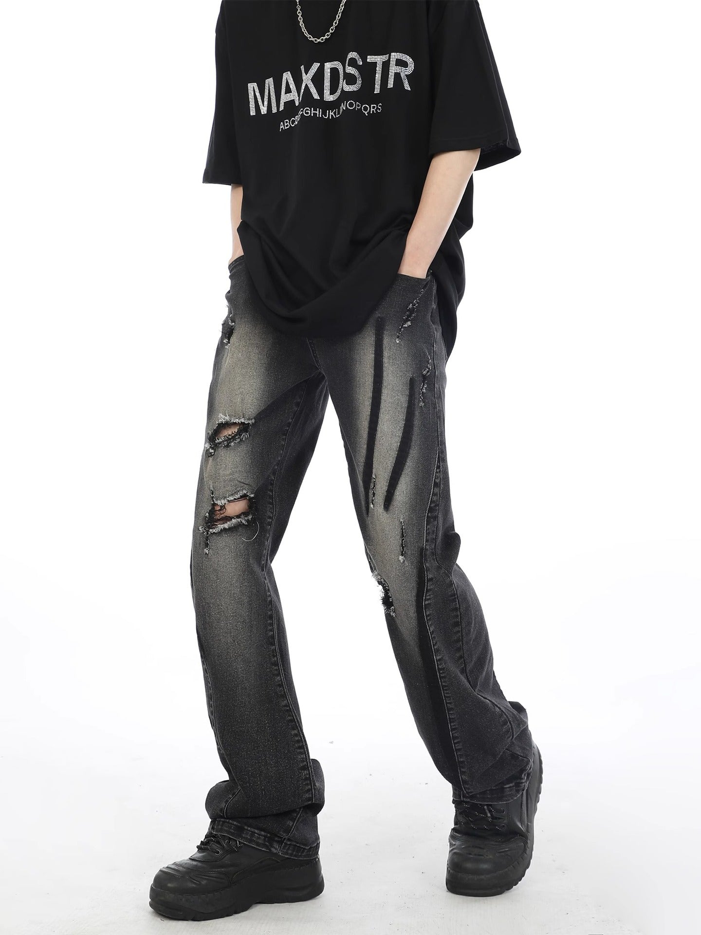 Contrast Color Spray Printing Ripped Jeans Men Loose Straight Trousers