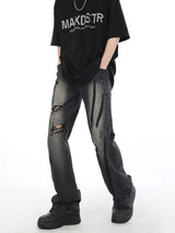 Contrast Color Spray Printing Ripped Jeans Men Loose Straight Trousers