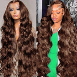 Chocolate Brown 13x4 Lace Front Human Hair Wig, Body Wave Wig Color 4, 150 Density