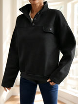 RueChic Half Button Flap Detail Drop Shoulder Sweatshirt