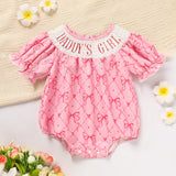 Baby Girl's Bowknot Graphic Print Romper, Daddy's Girl Letter Print Triangle Jumpsuit With Bubble Sleeves
