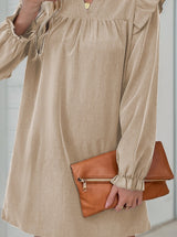 Pure Color Ruffles Long Sleeve Loose Lapel Dress Women