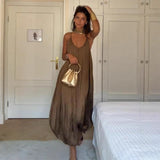 Women's Solid Color Casual Loose V-neck Sleeveless Pleated Backless Jumpsuit