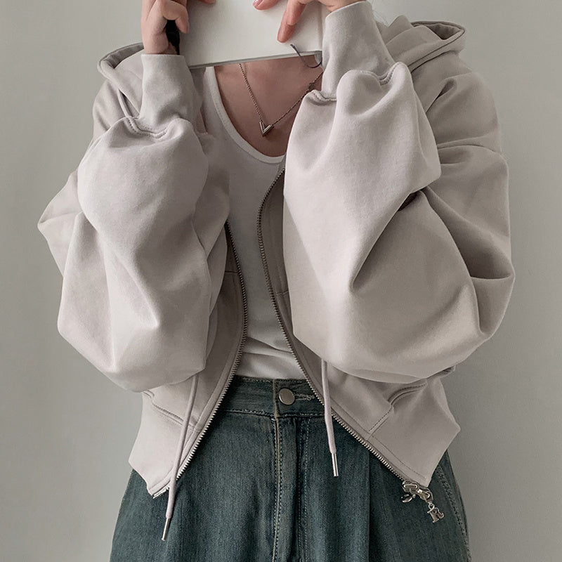 Hooded Double Open Loose Zip Long Sleeve Short Sweater Coat For Women