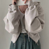 Hooded Double Open Loose Zip Long Sleeve Short Sweater Coat For Women