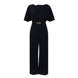 Fashion Round Neck Solid Color High Waist Plus Size African Wide Leg Jumpsuit