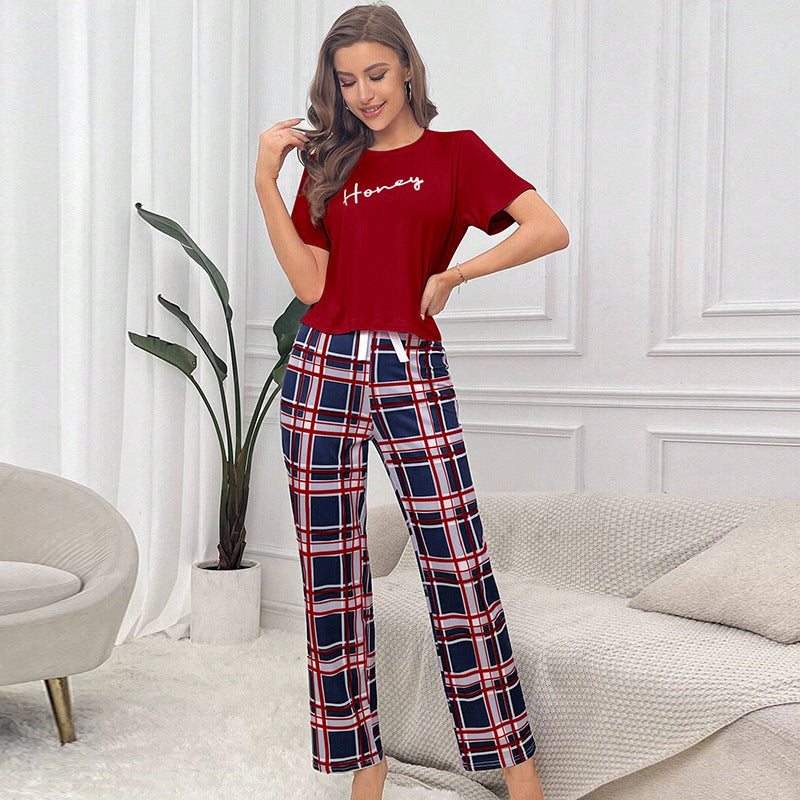 Short Sleeve Plaid Cropped Pants Casual
