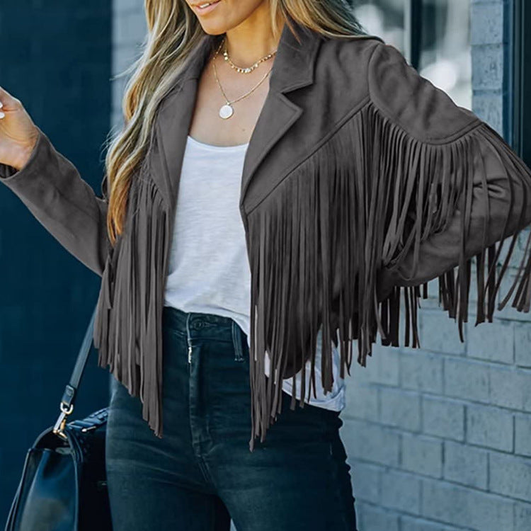 Women's Slim Top Long Sleeve Printed Tassel Jacket