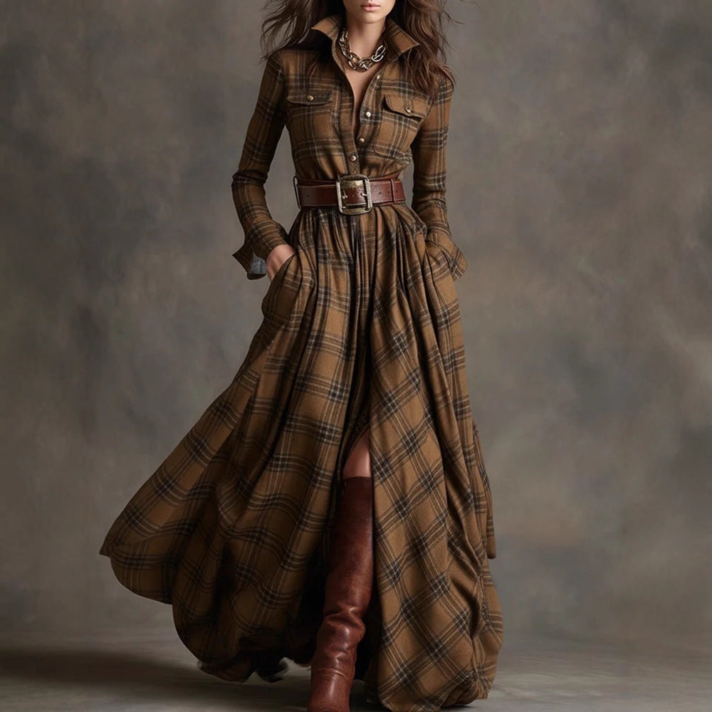Ins Plaid Print Long-Sleeved Dress Fashion Pockets Collared Buttons Shirt Long Dresses Retro Women's Clothing