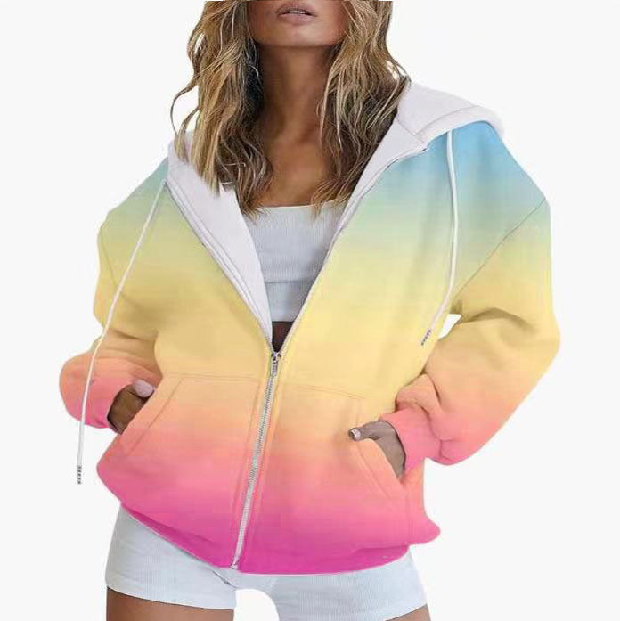 Gradient 3D Digital Printing Casual Long-sleeved Zipper Hooded Sweatshirt Sweater For Women