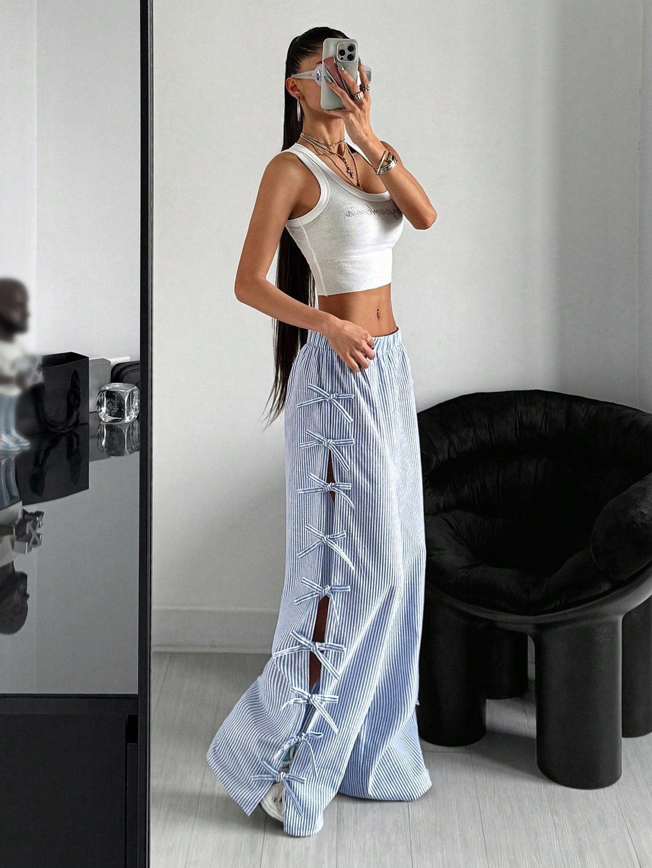 Waist Side Tie Bow Striped Wide Leg Pants