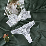 Women's White See-through Love Steel Ring Gathering Bra Panties Set