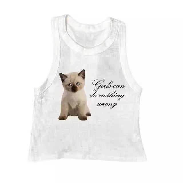 Cute Cat Letter Print Vest Sling Girl Slim Fit