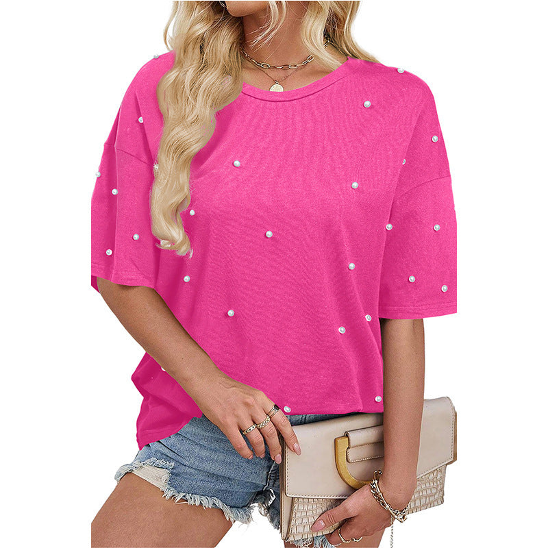 European And American Fashion & Trend Beaded Round Neck Short Sleeve