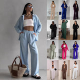 Women's Solid Color Cardigan Pocket Casual Wide-leg Trousers Suit