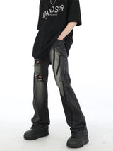 Contrast Color Spray Printing Ripped Jeans Men Loose Straight Trousers