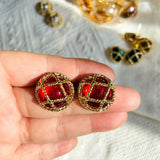 Diamond Plaid Silver Stud Earrings Mid-ancient Round New Chinese Alloy Simple Electroplated DIY Earrings