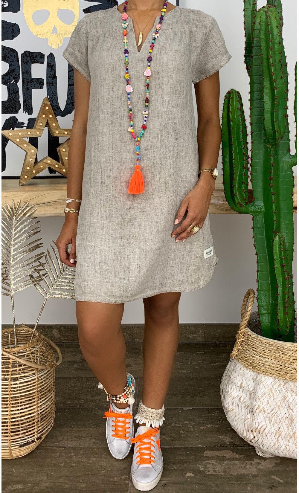 Summer Loose Solid Color Short-sleeve Irregular V-neck Cotton-linen Dress For Women