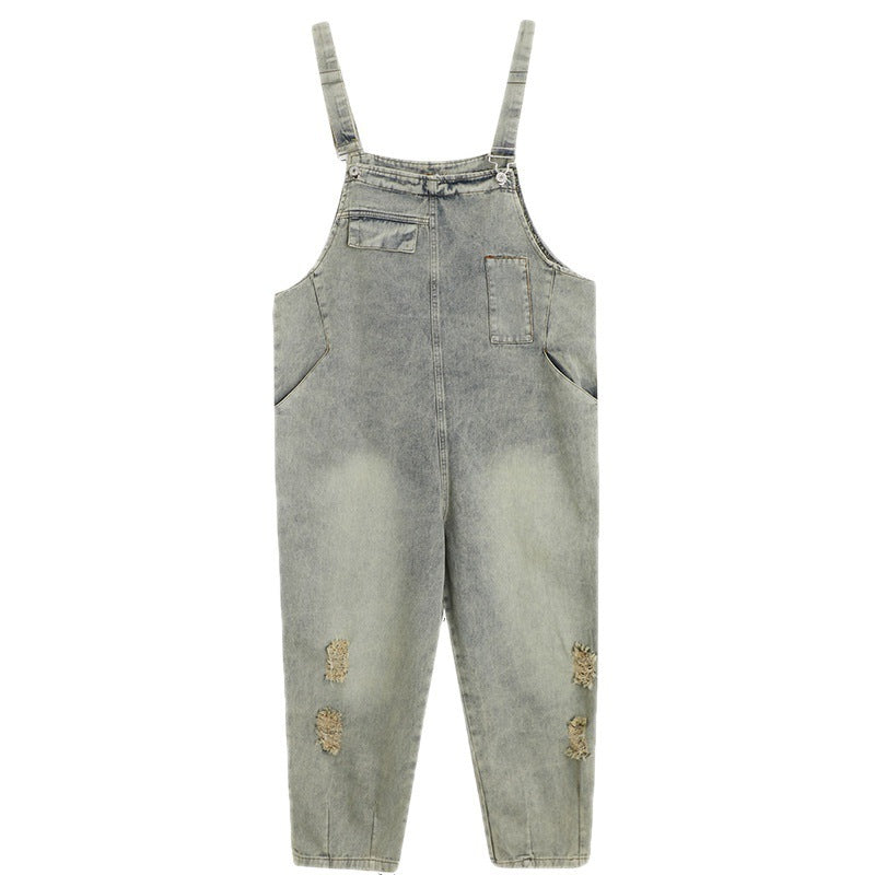 Spring And Summer Art Retro Hole Jean Suspenders Women