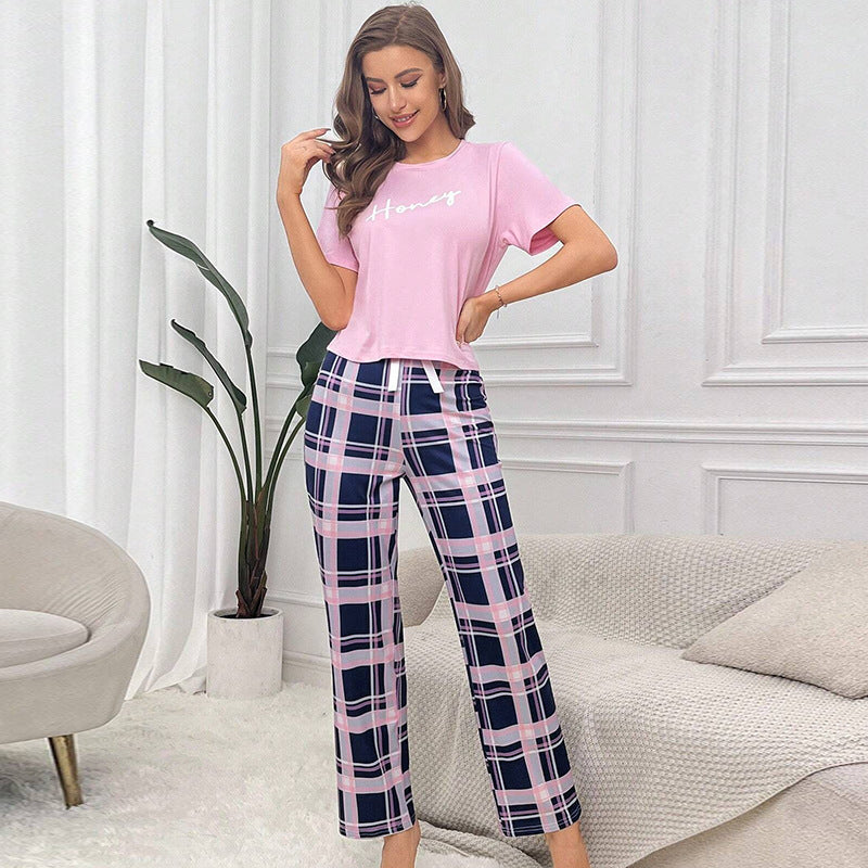 Short Sleeve Plaid Cropped Pants Casual