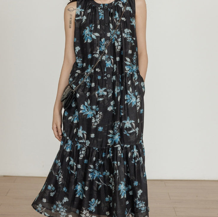 Sleeveless Floral Print Round Neck Dress