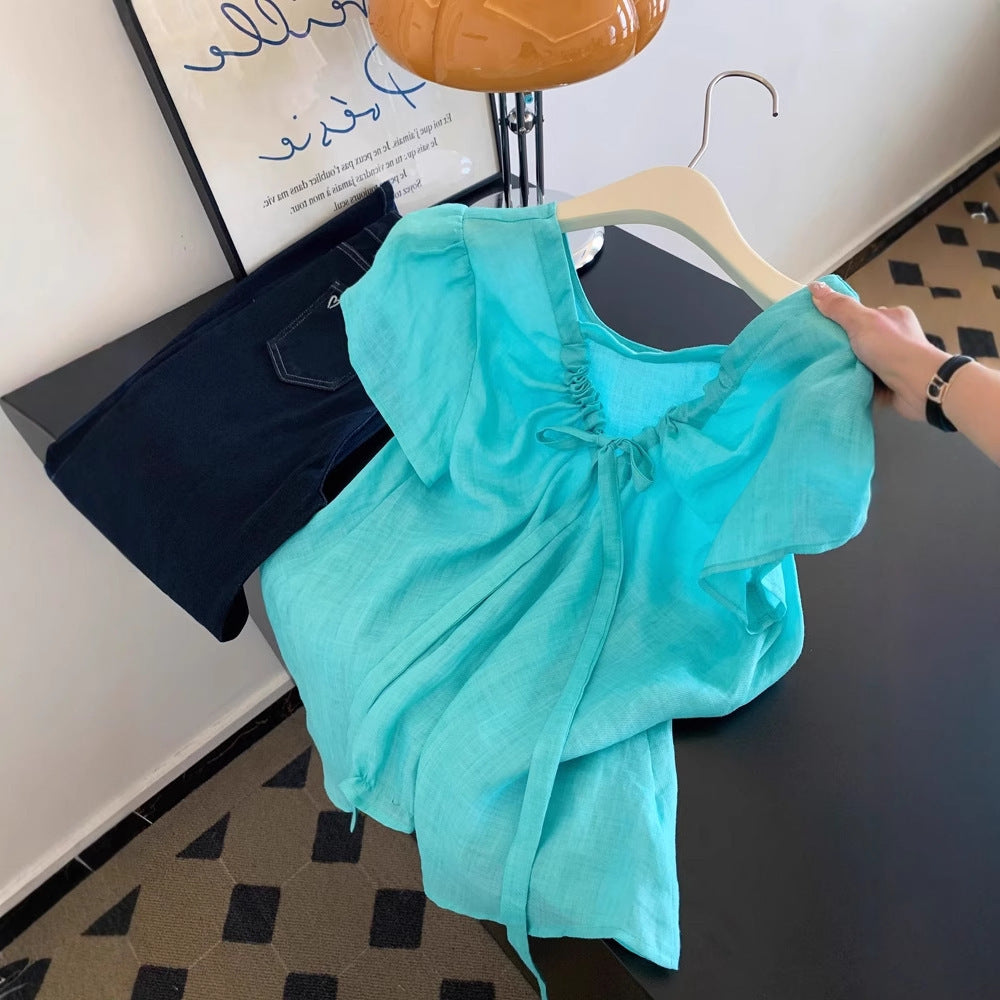 Ramie Blue V-neck Shoulder Short-sleeved Shirt Women's Unique Beautiful Top Light Luxury High-end