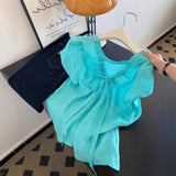 Ramie Blue V-neck Shoulder Short-sleeved Shirt Women's Unique Beautiful Top Light Luxury High-end