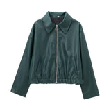 Women's Lapel Long Sleeve Leather Coat