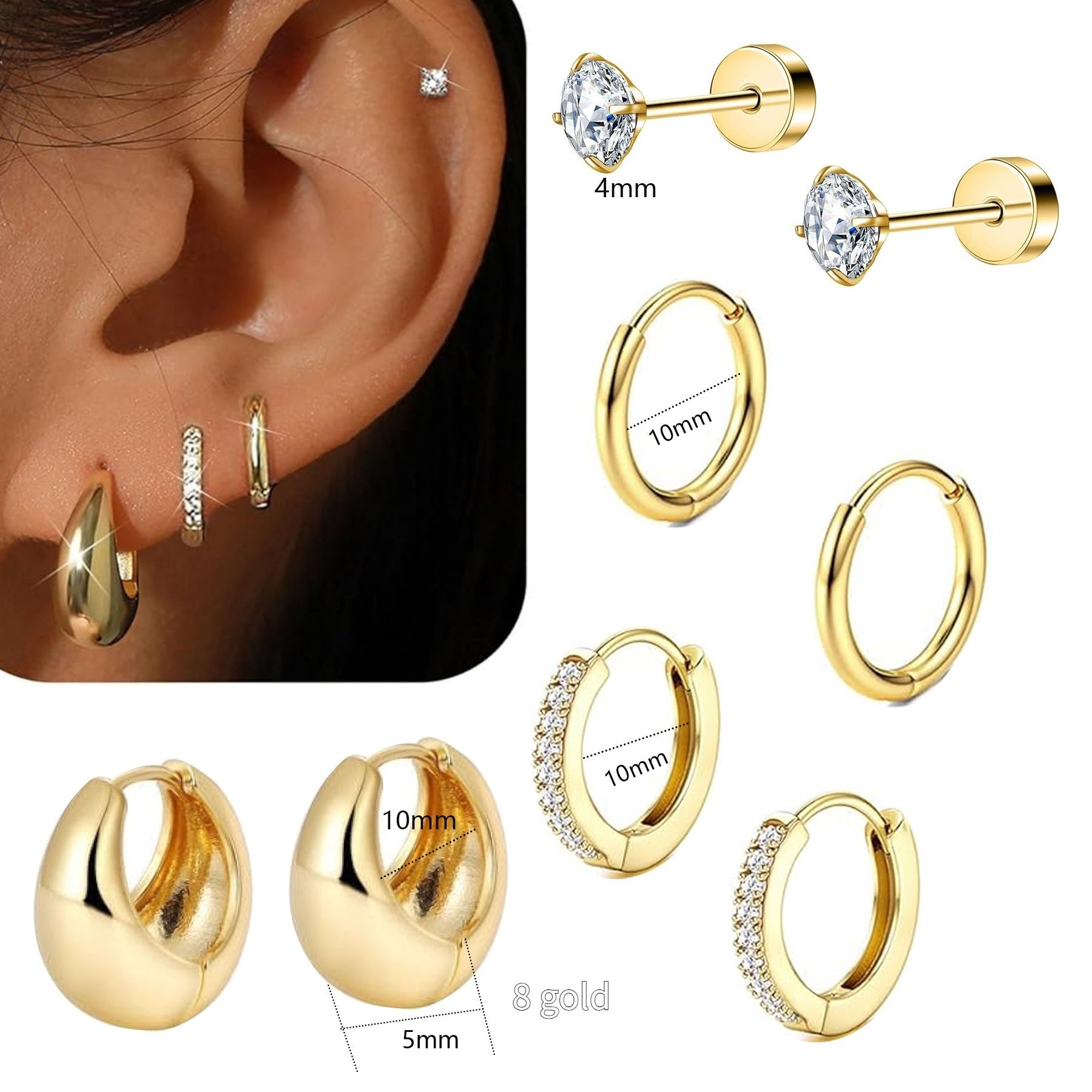 Geometric Zircon Thin Rod Opening Earring Eardrop Real Gold Plated Stainless Steel Suit