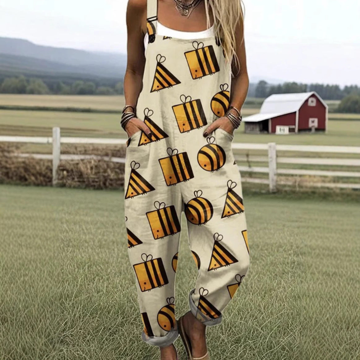 Female Digital 3D Printing Button Casual Suspender Trousers