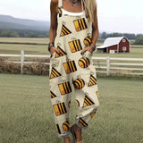 Female Digital 3D Printing Button Casual Suspender Trousers