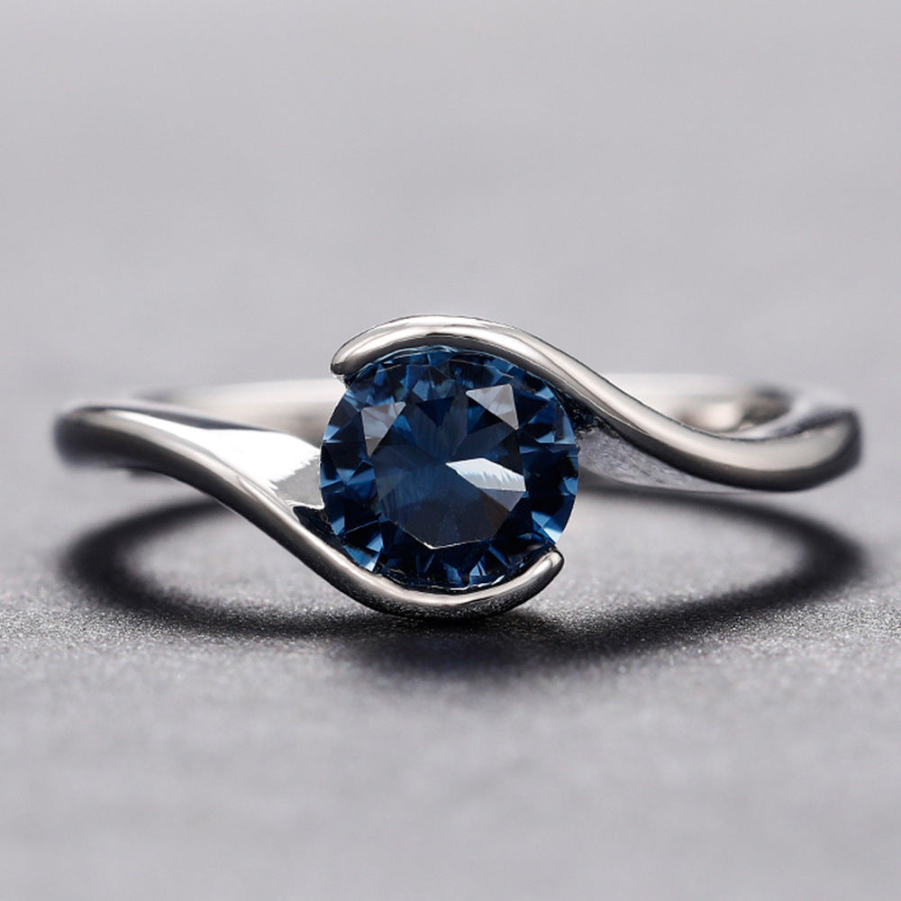 Fashion Twisted Arm Blue Round Diamond Zircon Topaz Simple Women's Ring