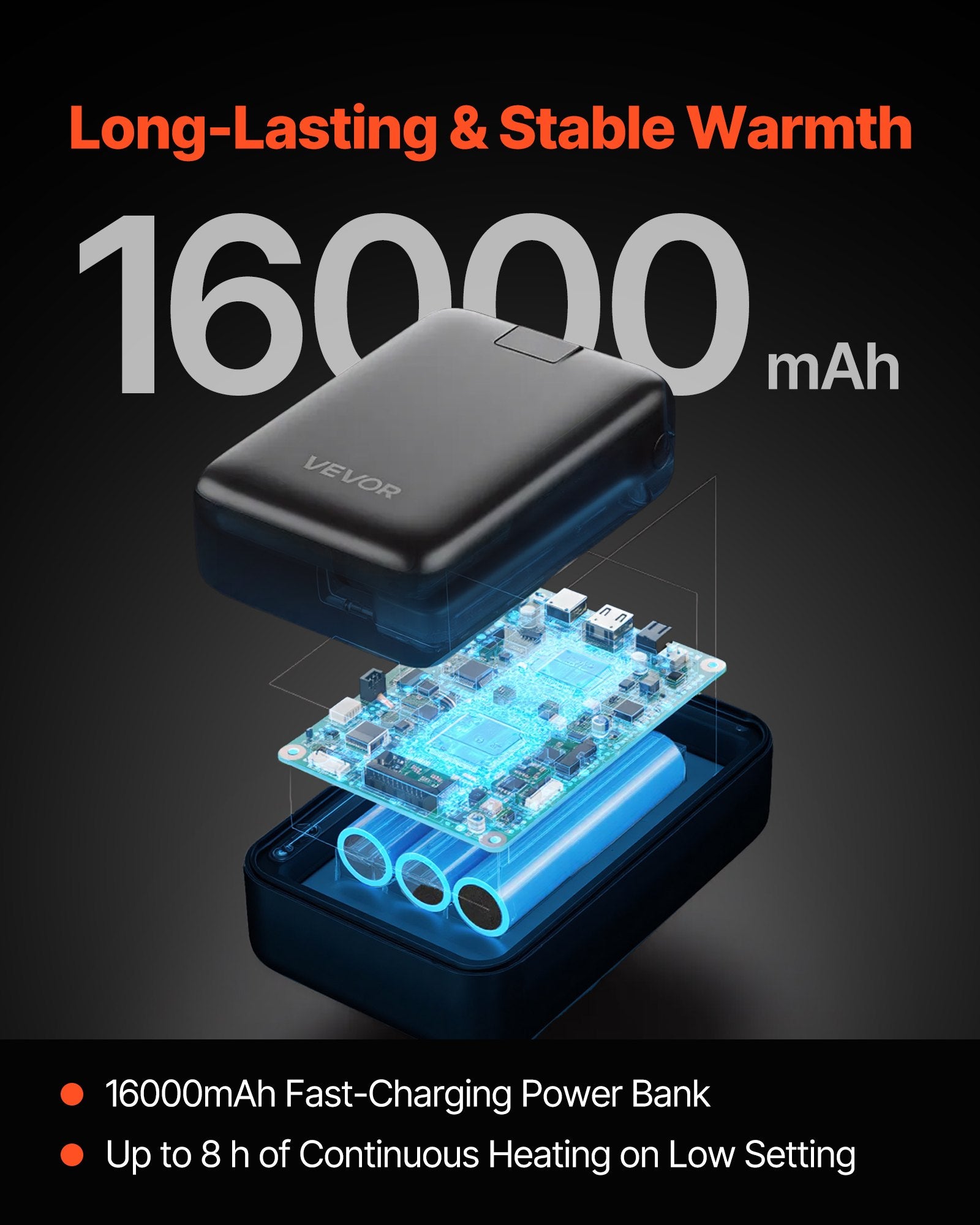 Heated Jacket Hoodie For Men Women, Heated Sweatshirt Unisex Full-Zip With 7.4V 16000mAh Power Bank Pack, 5 Heating Zones, 3 Temp Levels, 4-8H Warmth, For Winter Outdoor Camping, Black, XL Size