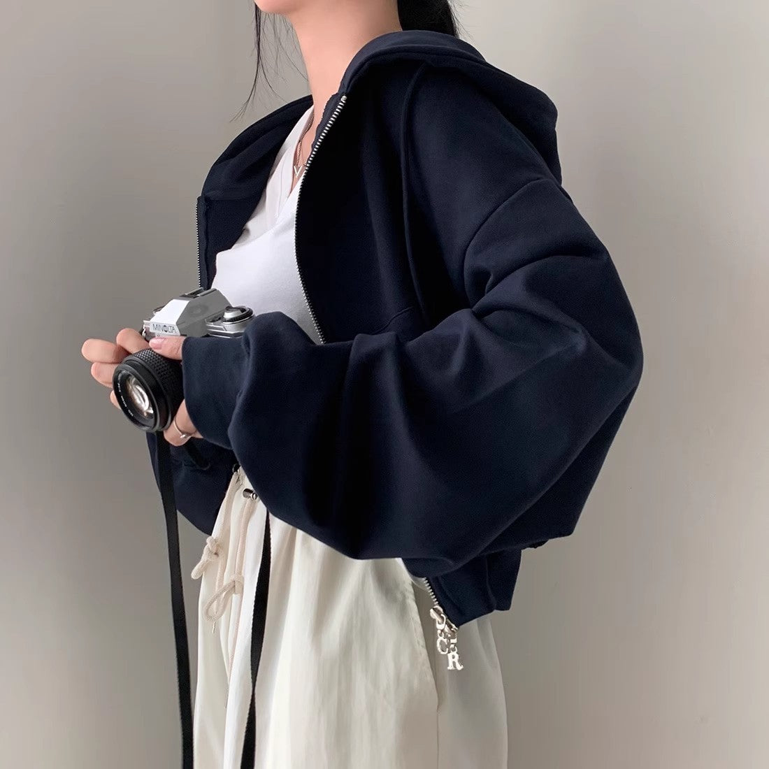 Hooded Double Open Loose Zip Long Sleeve Short Sweater Coat For Women