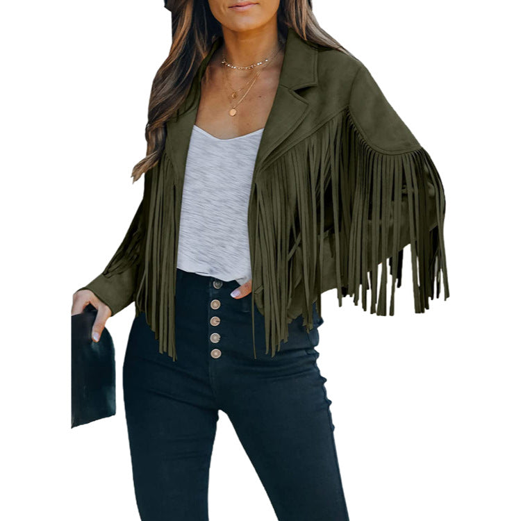 Women's Slim Top Long Sleeve Printed Tassel Jacket