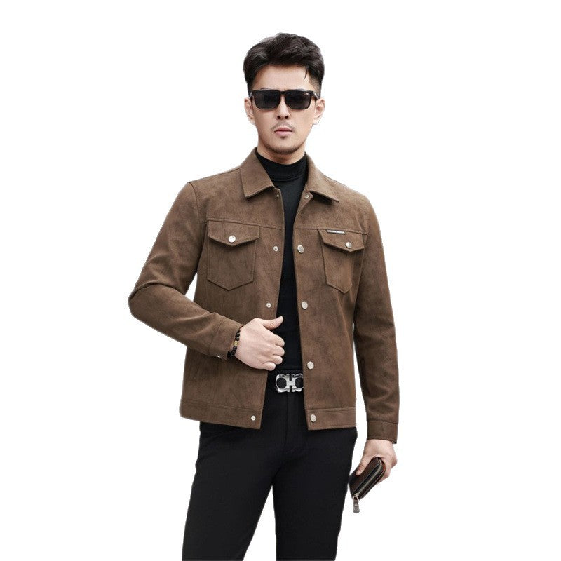 Suede Leather Jacket Men's Slim-fit High-grade Pu Handsome Retro Biker's