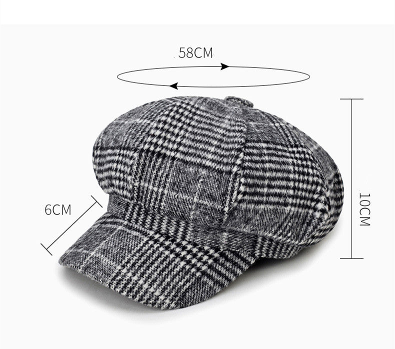 Ladies Casual Fashion Woolen Plaid Newsboy Hat