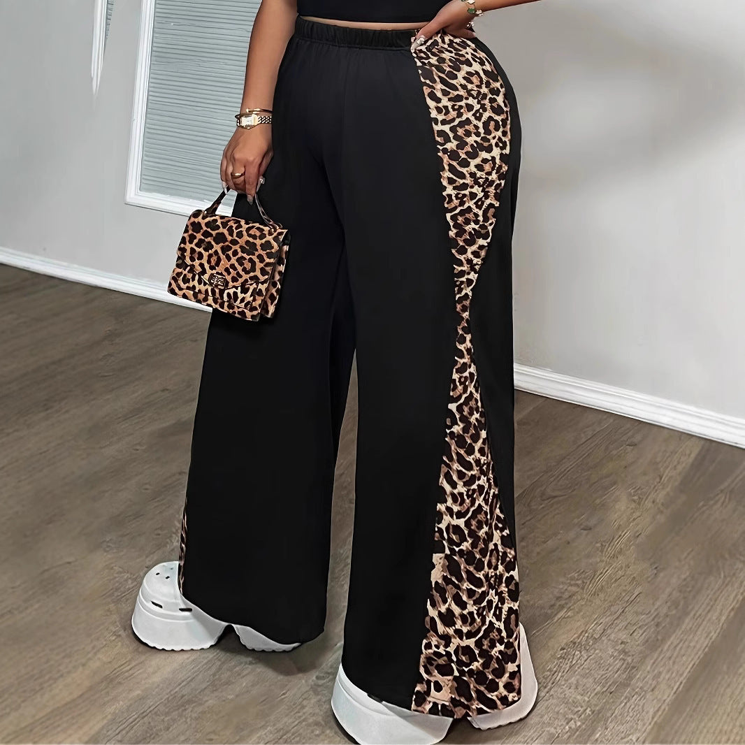 Black Loose Leopard Print Fashionable Wide-leg Pants Plus Size Women's Pants